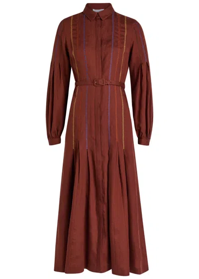 Gabriela Hearst Aleka Pleated Midi Shirtdress In Burnt Sienna Multi Aloe Linen In Brown
