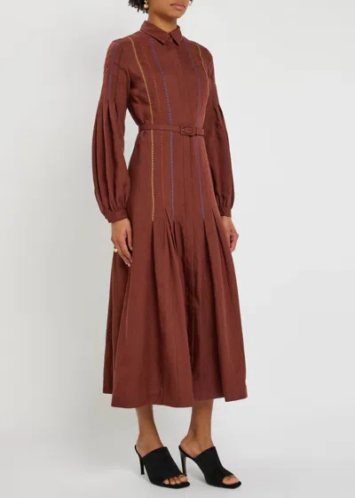 Gabriela Hearst Aleka Pleated Midi Shirtdress In Burnt Sienna Multi Aloe Linen In Brown