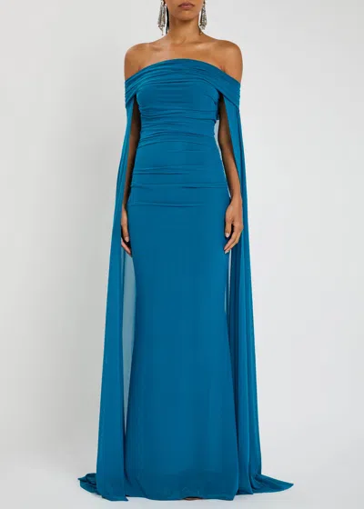 Talbot Runhof Off-the-shoulder Chiffon Gown In Blue