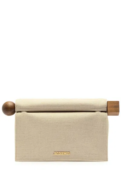 Jacquemus Rectangular Clutch Bag Wooden Handle In Neutral