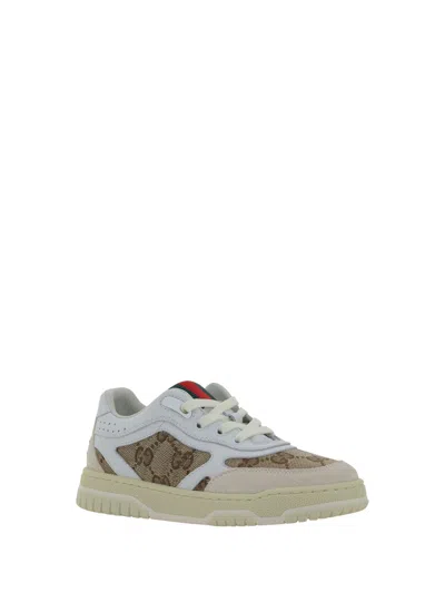 Gucci White Low Top Sneakers With Web Detail In Gg Supreme Canvas And Leather Boy In Multi