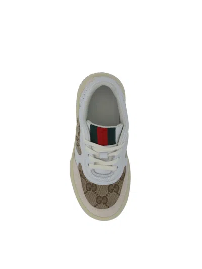Gucci White Low Top Sneakers With Web Detail In Gg Supreme Canvas And Leather Boy In Multi
