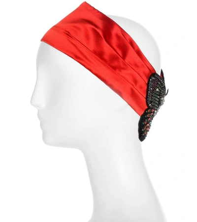 Shop Gucci Embellished Silk Satin Headband In Red