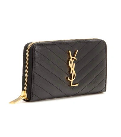 Saint Laurent Ysl Monogram Grain De Poudre Zip-around Wallet In Llack