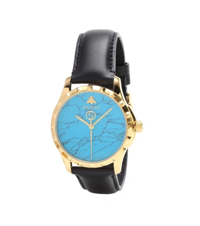 Shop Gucci G-timeless Le Marché Des Merveilles 38mm Pvd-plated And Leather Watch In Black