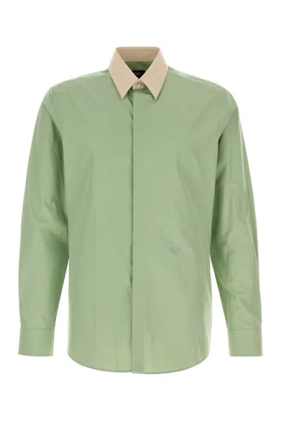 Fendi Contrast-collar Logo-embroidered Shirt In Green