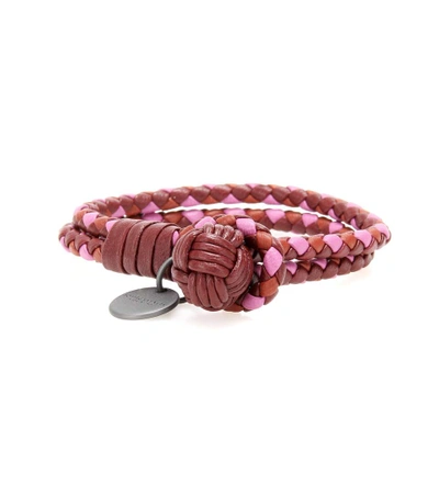 Bottega Veneta Intrecciato Double Warp Leather Bracelet, Dark Red/pink