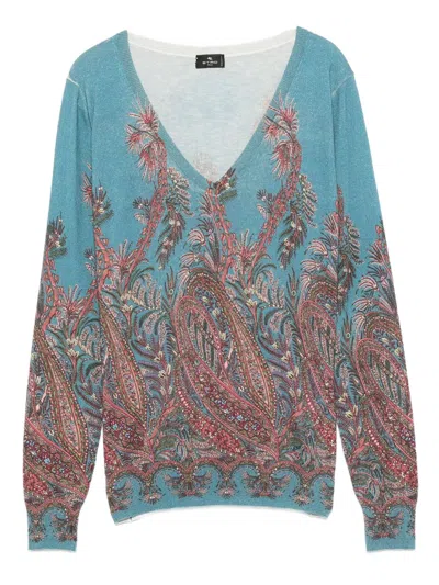 Etro Midnight Dream Printed V-neck Sweater In Multi