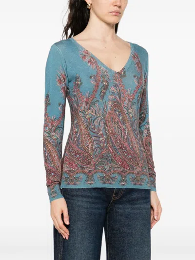 Etro Midnight Dream Printed V-neck Sweater In Multi