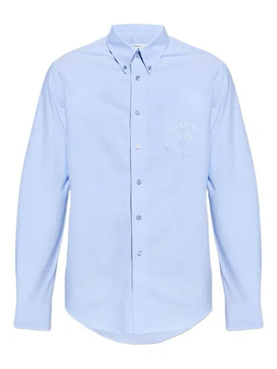 Givenchy Button-down Shirt With Pointed Collar And Embroidered Detail In Blue