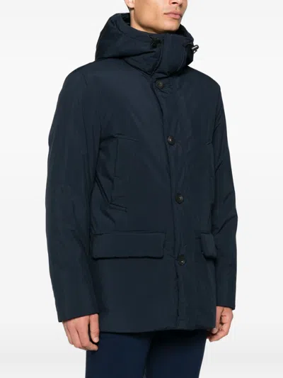 Woolrich Relaxed-fit Hooded Coat With Button Closure And Multiple Pockets In Blue