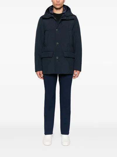Woolrich Relaxed-fit Hooded Coat With Button Closure And Multiple Pockets In Blue