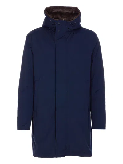 Herno Hooded Long Length Padded Coat With Button Pockets In Blue