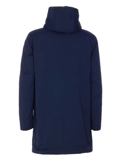 Herno Hooded Long Length Padded Coat With Button Pockets In Blue
