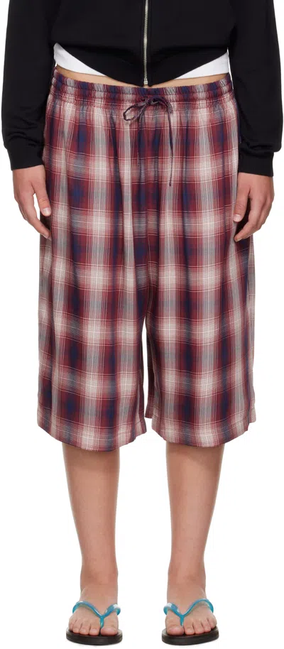 Acne Studios Red & Navy Check Shorts In Red