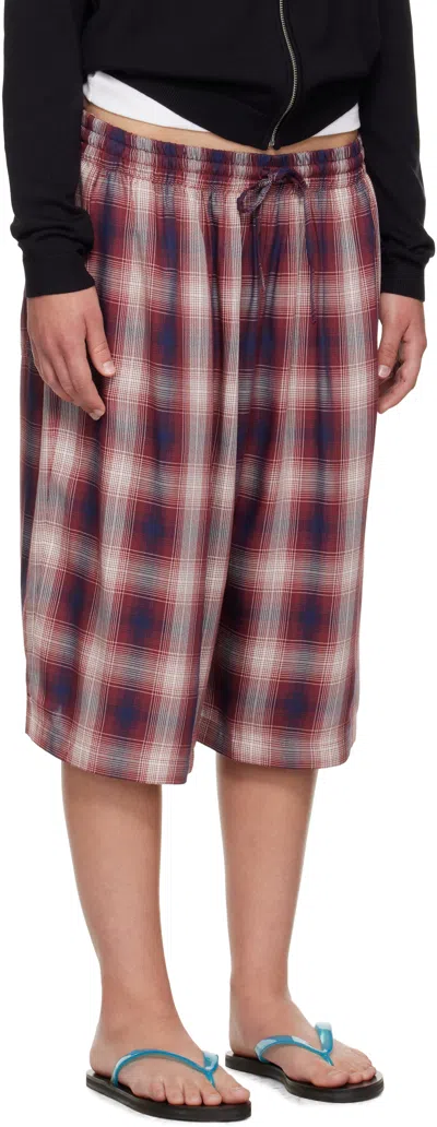 Acne Studios Red & Navy Check Shorts In Red