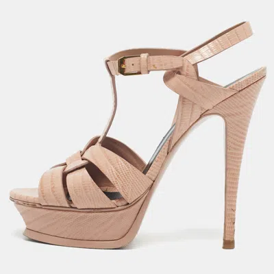 Pre-owned Saint Laurent Pink Lizard Embossed Leather Tribute Platform Sandals Size 38