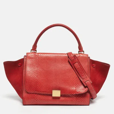 Pre-owned Celine Red Python And Suede Medium Trapeze Bag