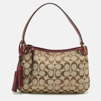 Pre-owned Coach Burgundy/beige Signature Canvas Tassel Shoulder Bag