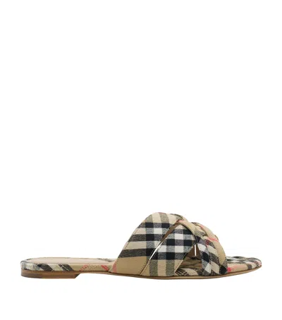 Burberry Beige Check Cabana Slides In Gold