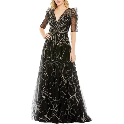 Mac Duggal Embellished Gathered Puff Sleeve Faux Wrap Gown In Black