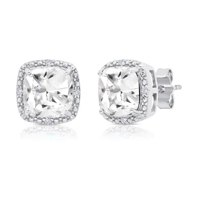 Maxcolor Sterling Silver 7mm Cushion Cut Gemstone Stud Earrings With Diamond Accent Halo In Metallic