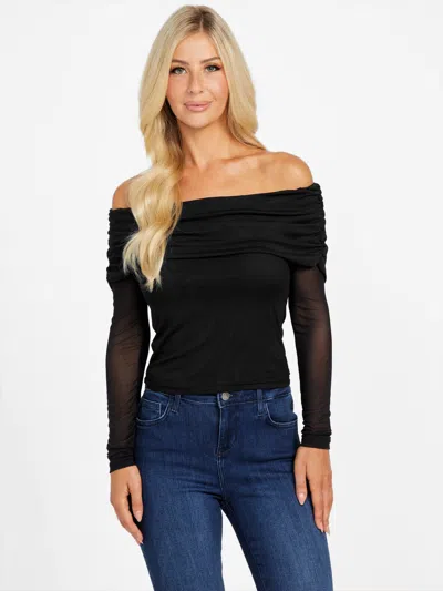 Guess Factory Lacey Sheer Off-the-shoulder Top In Black