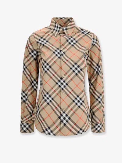 Burberry Women Beige Shirt With Classic Collar And All-over Check Motif In Cotton Woman In Neutral