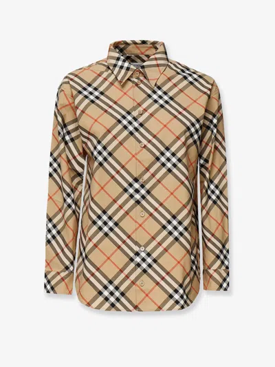 Burberry Women Beige Shirt With Classic Collar And All-over Check Motif In Cotton Woman In Sand