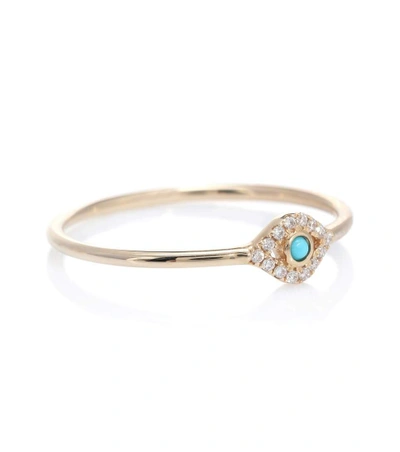 Shop Sydney Evan Small Bezel Evil Eye 14kt Yellow Gold Ring With Diamonds And Turquoise