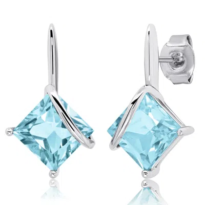 Maxcolor Sterling Silver 7mm Princess Cut Gemstone Drop Earrings In Blue