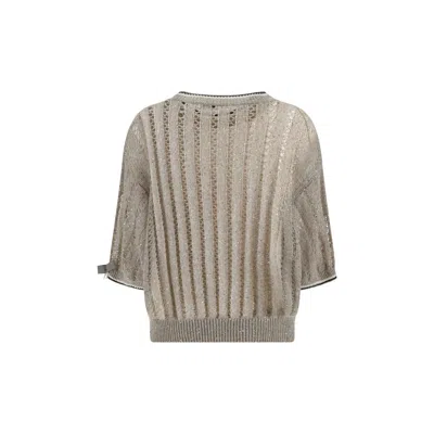 Brunello Cucinelli Openwork Knit Pattern Sweater With Sequins In Gray