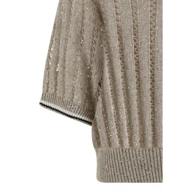 Brunello Cucinelli Openwork Knit Pattern Sweater With Sequins In Gray