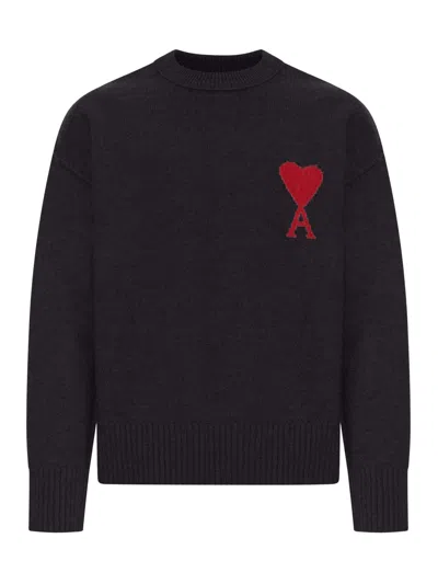 Ami Alexandre Mattiussi Ami Felted Wool Sweater With Heart And Logo Detail In Black