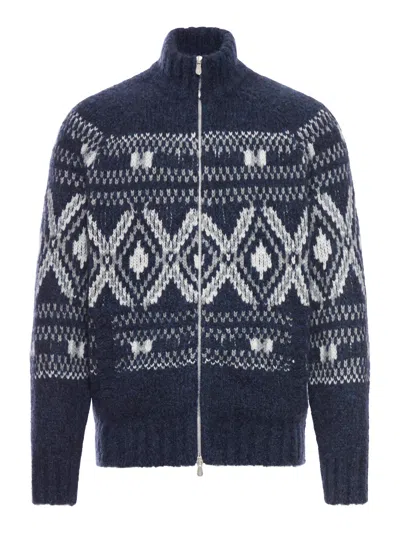 Brunello Cucinelli Geometric Jacquard Cardigan In Wool And Cashmere In Blue