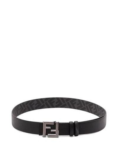 Fendi Ff Squared Leather And Ff Canvas Reversible Belt Accessories In Black