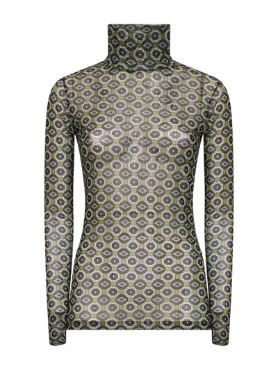 Dries Van Noten Geometric Pattern Turtleneck Long Sleeve Sweater In Green