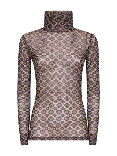 Dries Van Noten Semi-transparent Brown Print Turtleneck Jumper In Brown