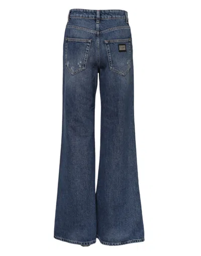 Dolce & Gabbana Blue Cotton Wide Leg Tattered Denim Jeans In Blue