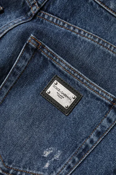 Dolce & Gabbana Blue Cotton Wide Leg Tattered Denim Jeans In Blue