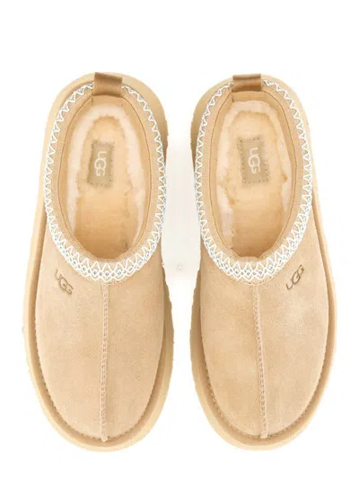 Ugg Embroidered Trim Goatskin Tazz Mules In Sand