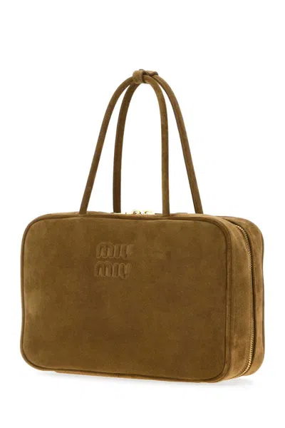 Miu Miu Beige Suede Handbag In Green