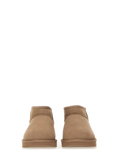 Ugg 'ultra Mini' Beige Ankle Boots With Logo On The Heel In Suede Woman In Brown