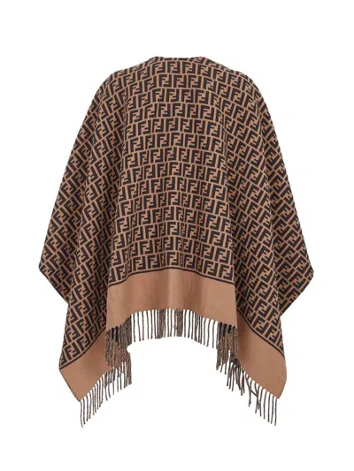 Fendi Geometric Patterned Square Poncho In Wool And Cashmere Blend In Brown