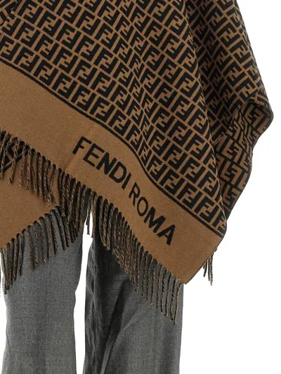 Fendi Geometric Patterned Square Poncho In Wool And Cashmere Blend In Brown