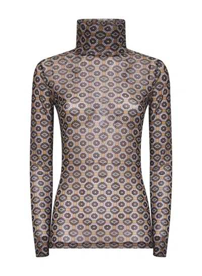 Dries Van Noten Semi-transparent Brown Print Turtleneck Jumper In Brown
