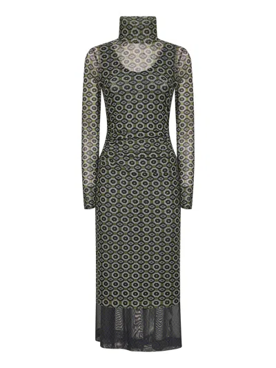 Dries Van Noten Mesh Layered Midi Dress With Asymmetrical Ruffles In Green