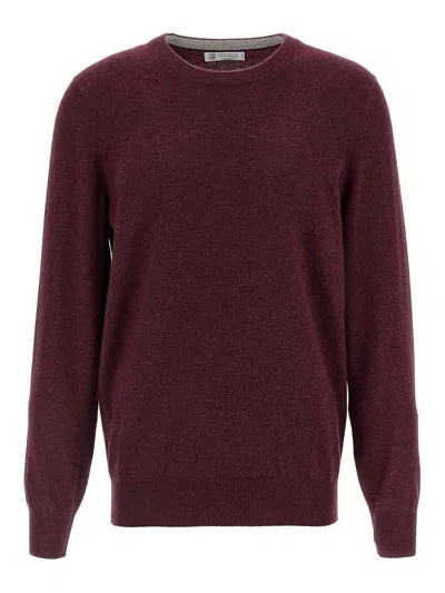 Brunello Cucinelli Ribbed Crewneck Sweater With Soft Texture In Red