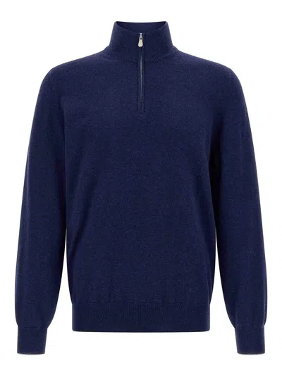 Brunello Cucinelli Blue Cashmere Blend Lightweight Half-zip Sweater