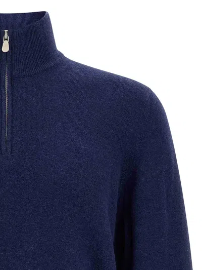 Brunello Cucinelli Blue Cashmere Blend Lightweight Half-zip Sweater